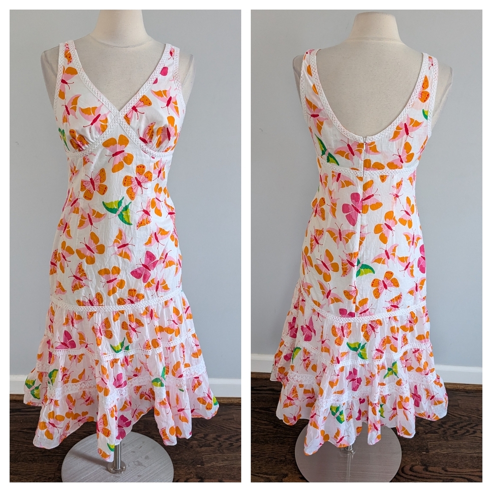 Women's Vintage Lilly Pulitzer Dress 10 Butterfly Mermaid Fit White Orange Pink